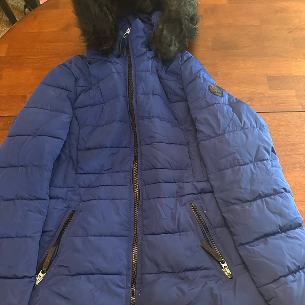 Calvin Klein Blue Puffer Jacket with Fur Hood